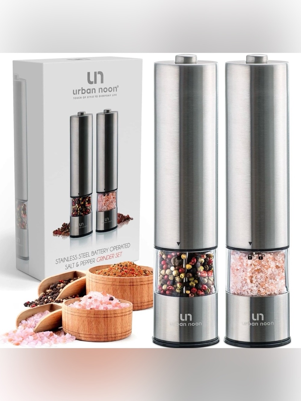 🧂✨ NEW Urban Noon Stainless Steel Battery Operated Salt & Pepper Grinder Set